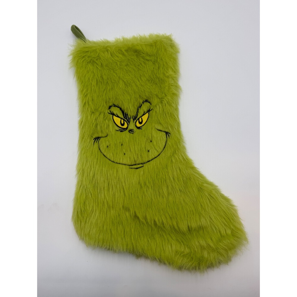 Dr. Seuss The Grinch Faux Fur Christmas Stocking Lime Green Embroidered 18 inch